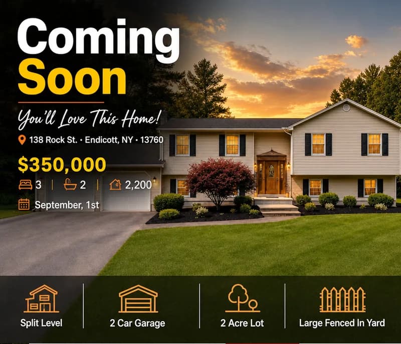 A finished Coming Soon advertisement with the price, the address and four property features.