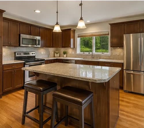 A kitchen with dark wood cabinets, stainless appliances and a granite island.